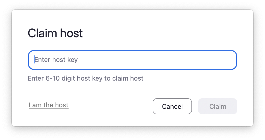 Zoom's 'Claim host' modal with input says 'Enter host key'