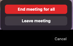 Zoom's dialog box showing two options: 'End meeting for all' and 'Leave meeting'